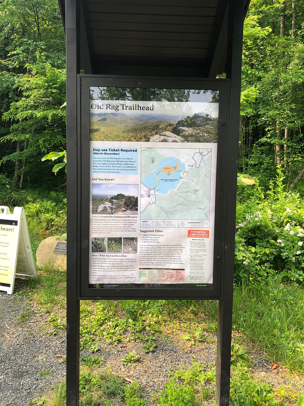 The sign for the Old Rag Trailhead in Shenandoah National Park.
