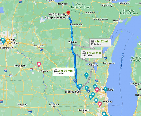 Rough driving directions from Madison to YMCA Family Camp Nawakwa i