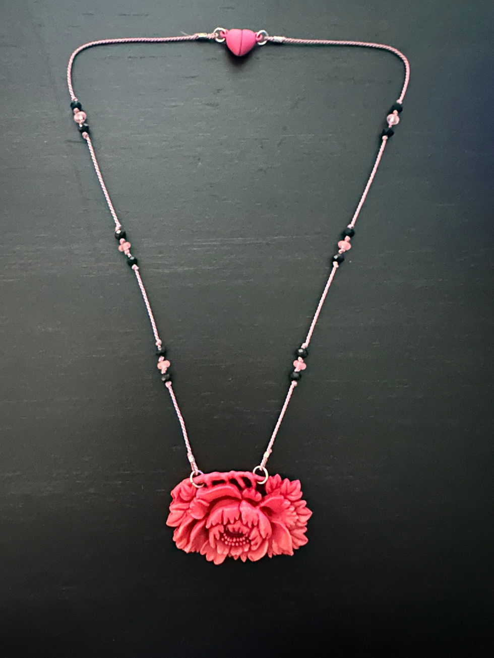 Dark Pink Peony Celluloid Necklace