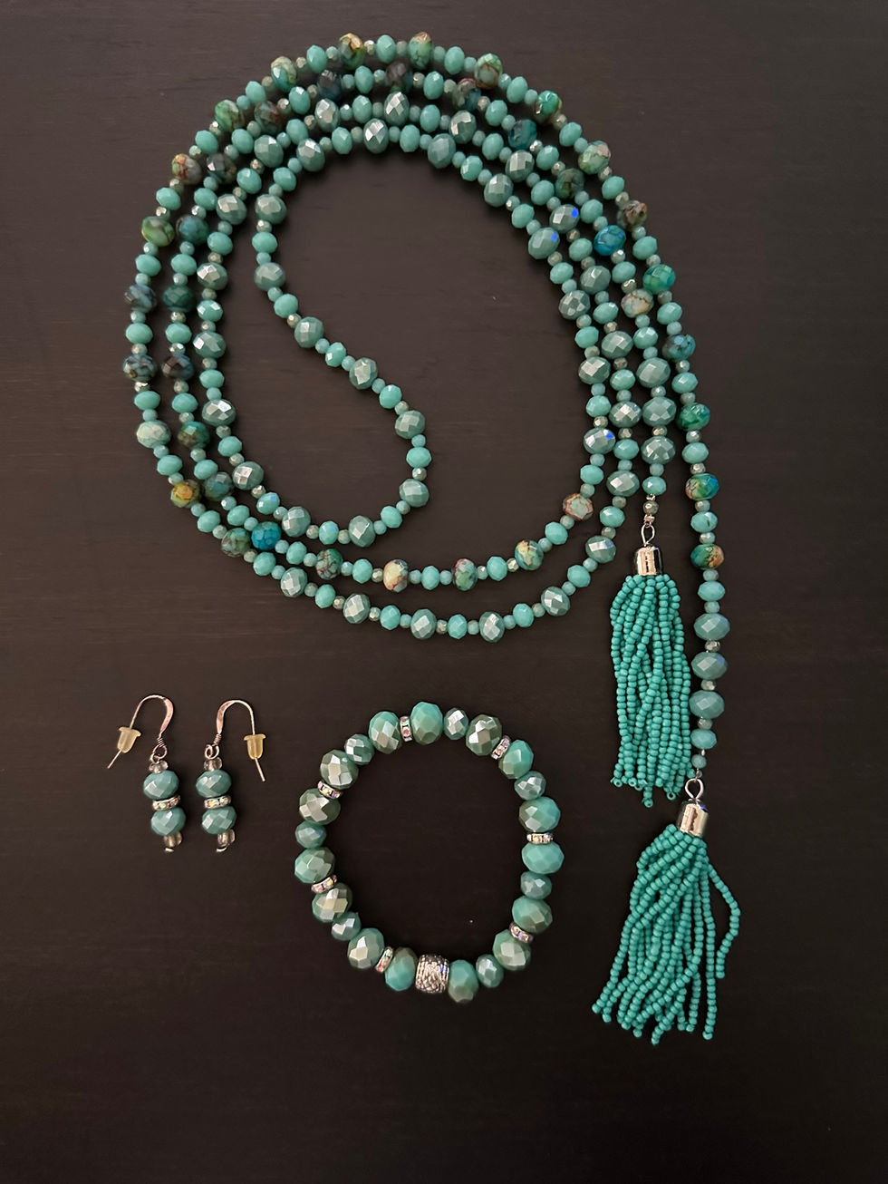 Turquoise Bead Lariat, Bracelet and Earrings