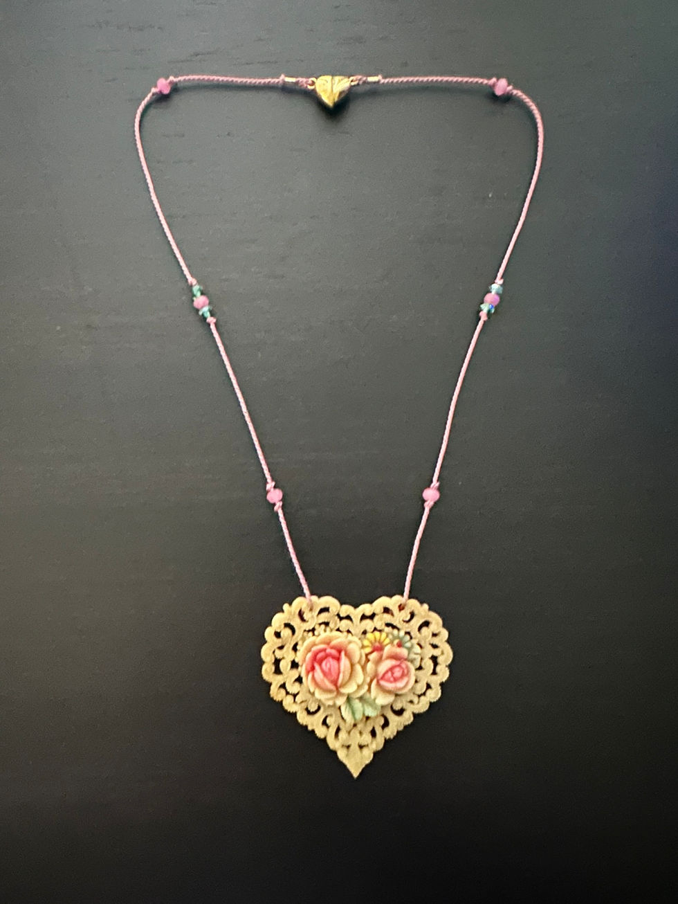 Heart Shape Cream with Pastel Flowers Celluloid Necklace