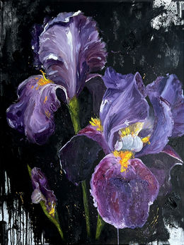 Purple iris flower painting emerging from dark textured background