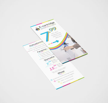 This two-sided promotional leaflet design was developed for E-cartridge, a company providing printer repair, sales, and cartridge refilling services. Incorporating a vibrant CMYK-inspired color theme that echoes the printing industry, the layout balances clean typography with high-contrast pricing callouts and structured service sections. The design organizes key promotional offerings, competitive advantages, and contact details into an easily readable, professional format designed to attract both retail and commercial customers.
