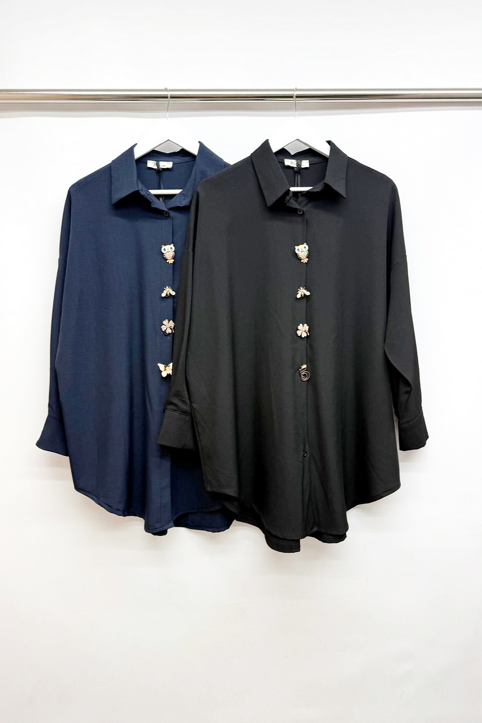 Gold Brooch Button Oversized Shirt