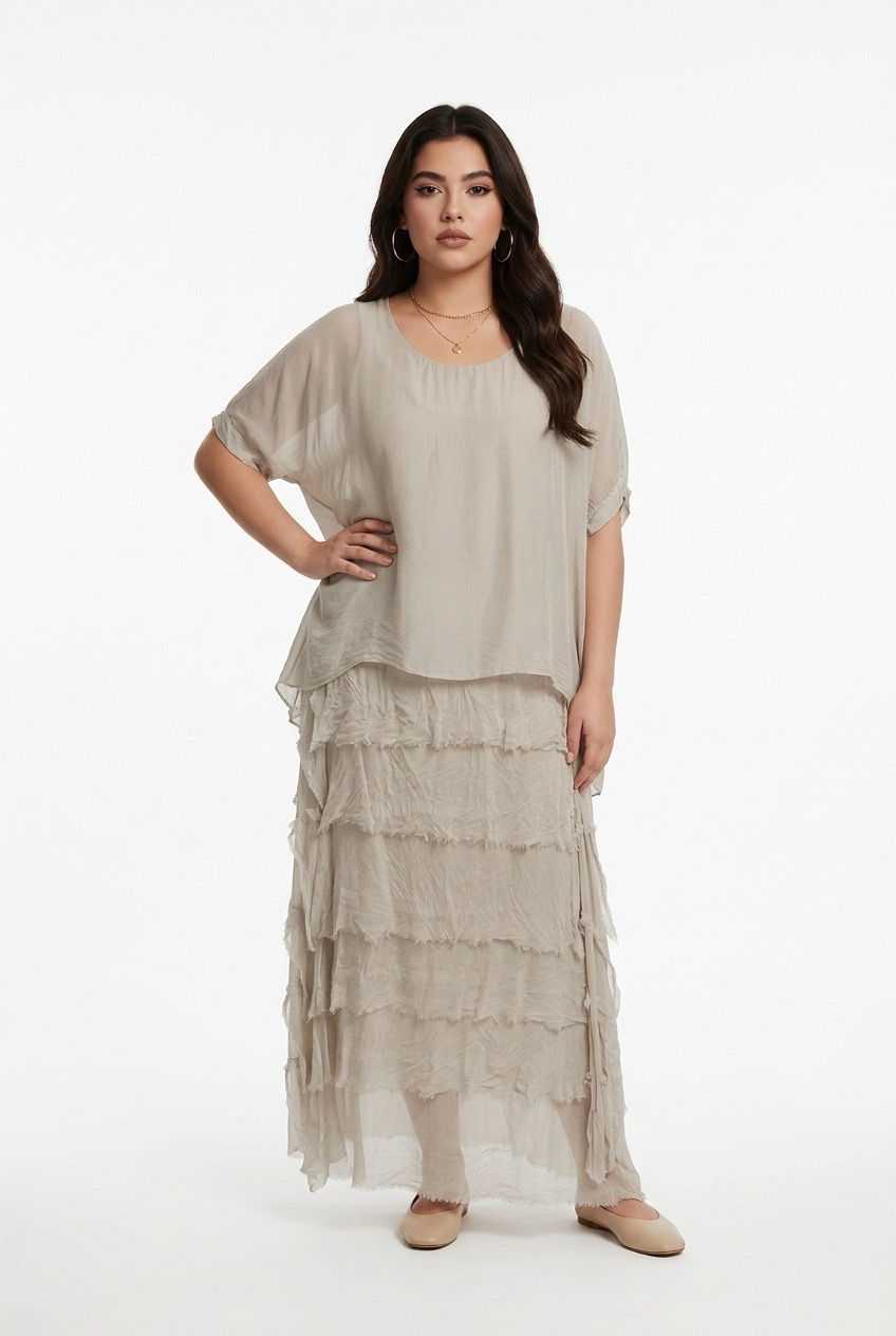 Thumbnail: Beige Layered Frill Midi Dress – Made in Italy – Multiple Colours