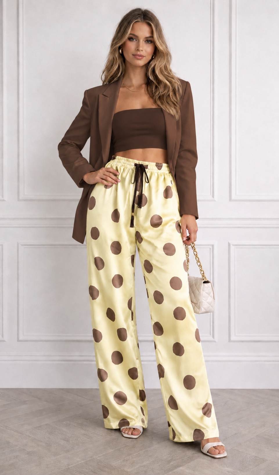 Thumbnail: Lemon Made in Italy Wide Leg Spot Trousers | Satin Palazzo Style