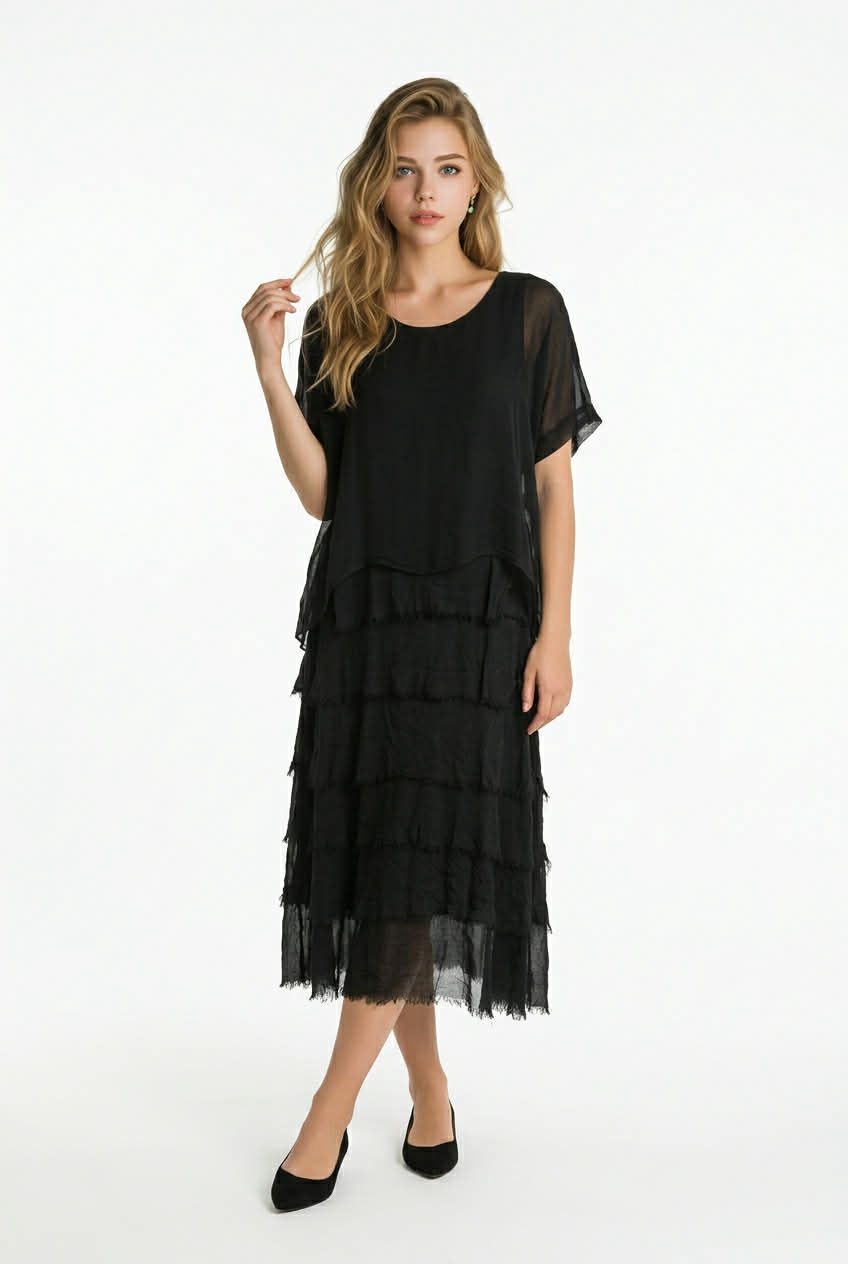 Black Layered Frill Midi Dress – Made in Italy – Multiple Colours