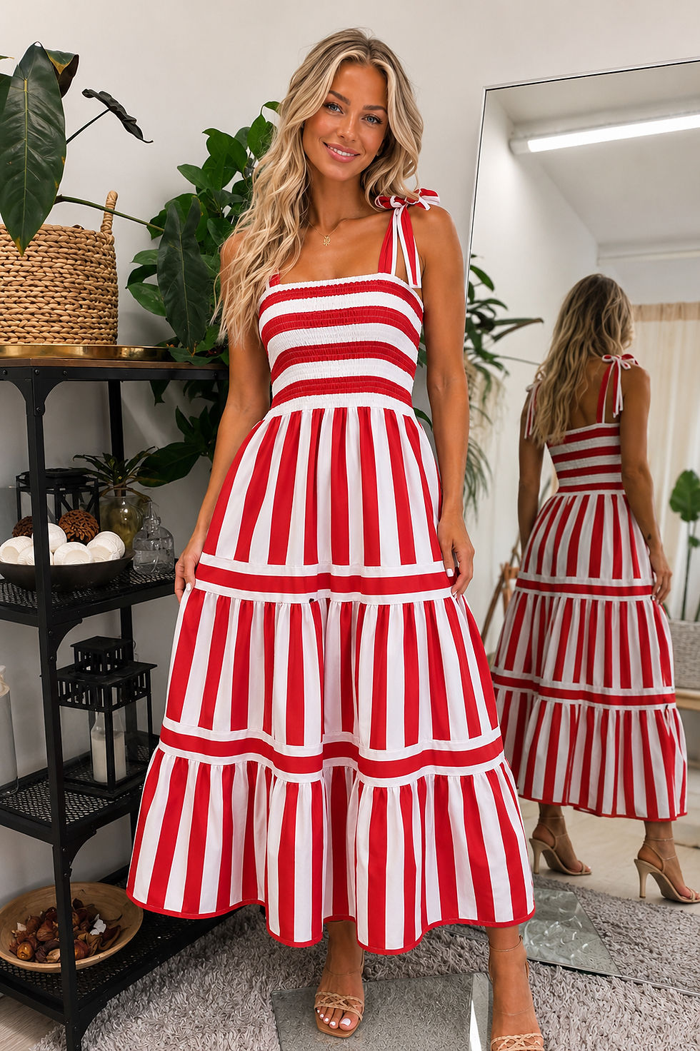 Thumbnail: Made in Italy Stripe Tie Shoulder Tiered Maxi Dress - Blue Navy Brown Black Red | Evie Bleu Boutique
