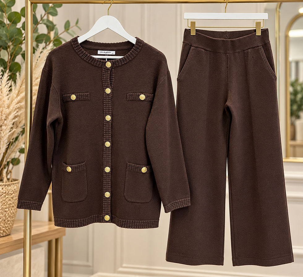 Thumbnail: Gold button knitted cardigan and matching wide leg trousers with pockets.