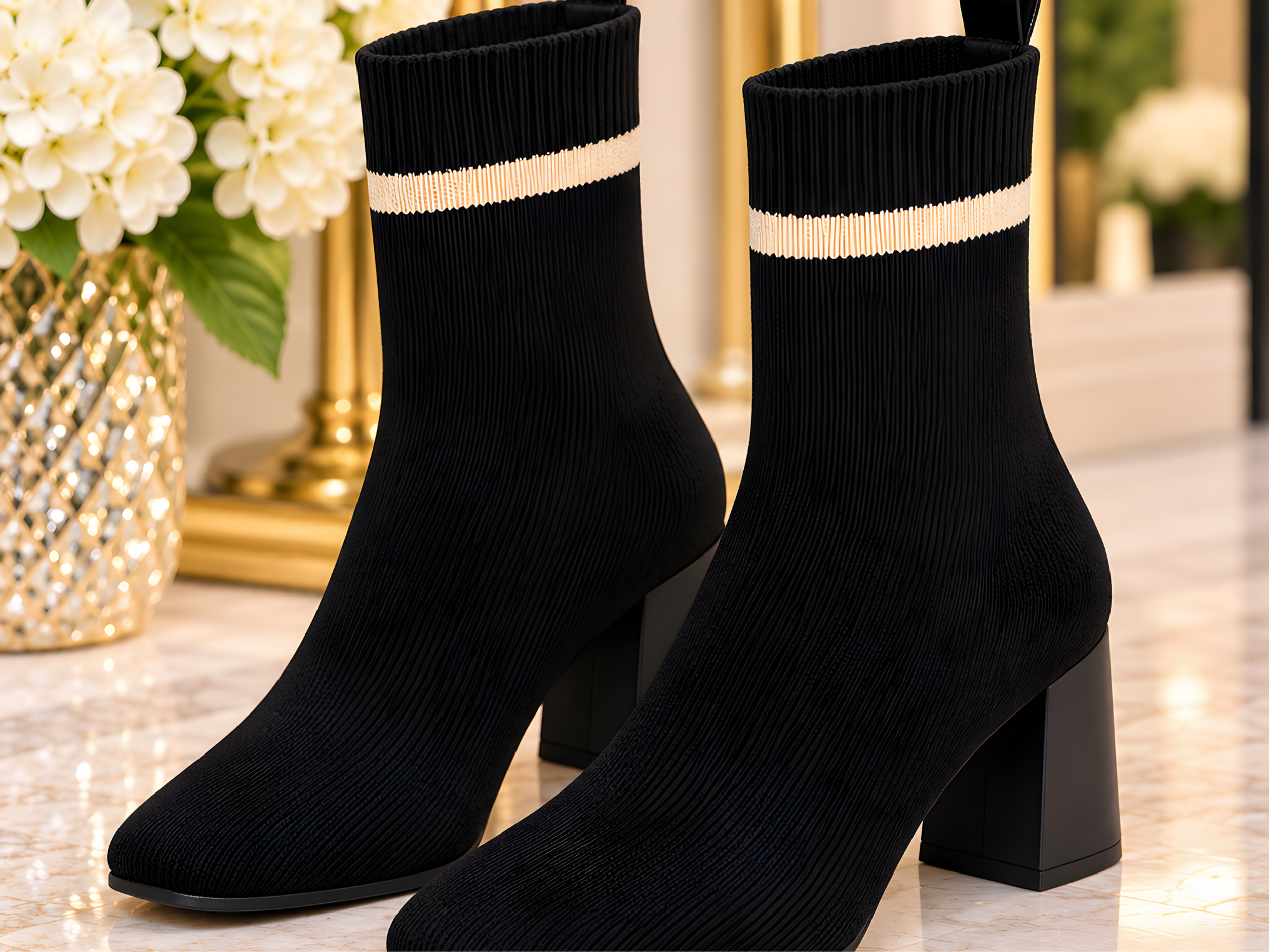 Black Sock Ankle Boots with Beige Trim