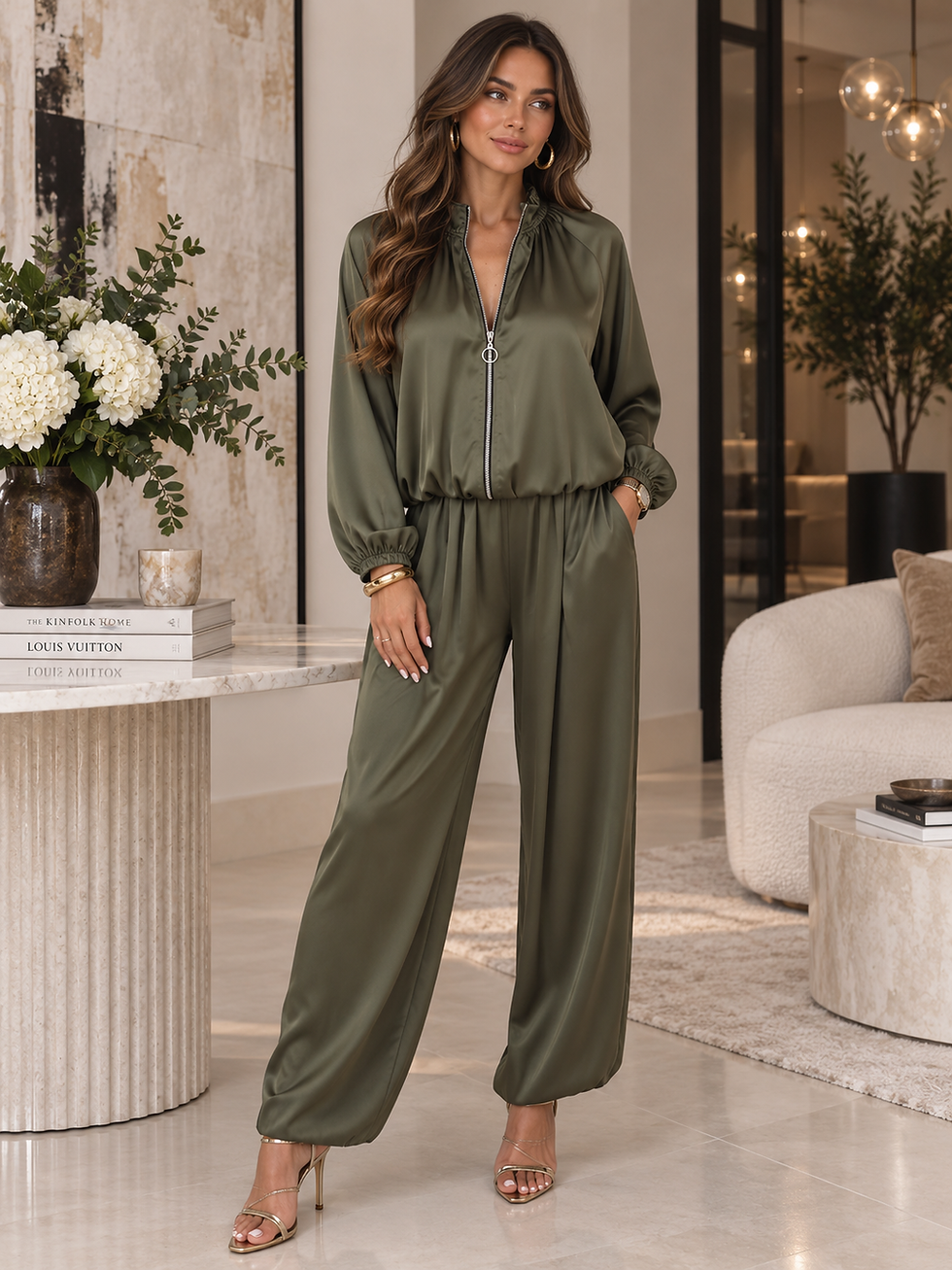 Sateen two piece trouser set with zip jacket and balloon trousers UK 6–14 Evie Bleu Boutique
