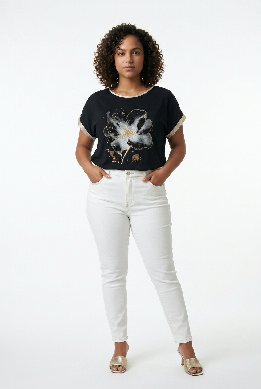 Black Floral Diamanté Top Front View