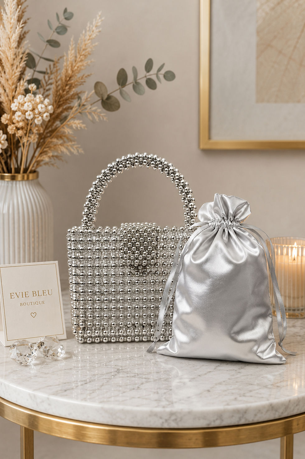 Handmade Silver Beaded 2-in-1 Evening Bag with Satin Drawstring Pouch