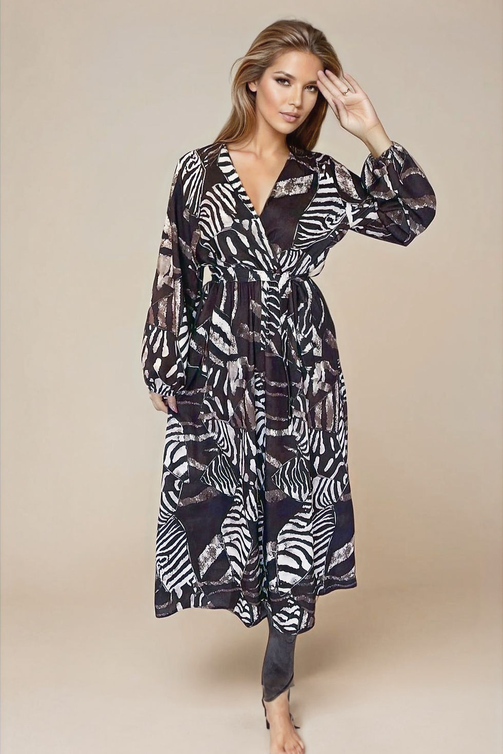 CROSS OVER V NECK PRINT DRESS 4 colours