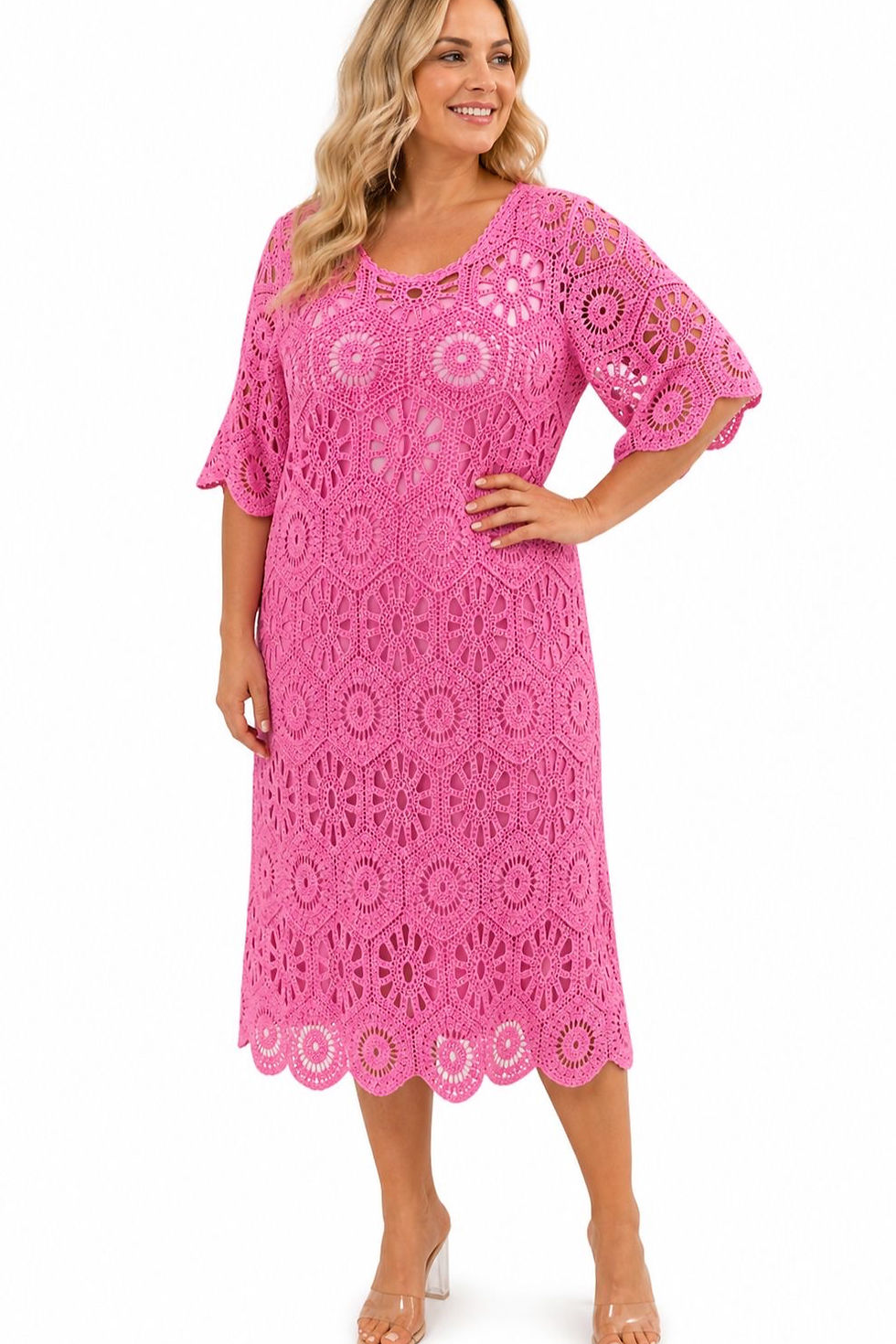 Thumbnail: Pink Crochet Lace Midi Dress | One Size 14–20 | Lightweight Summer Dress – Limited Stock