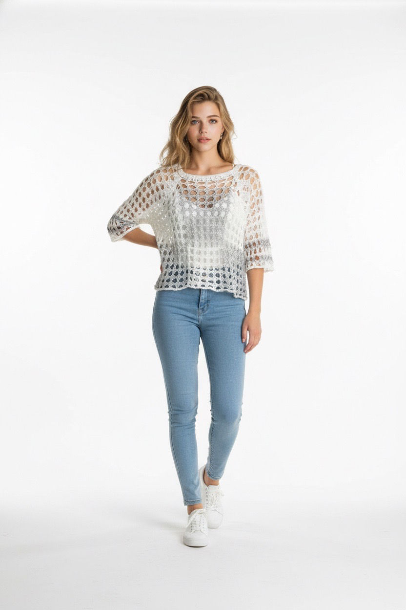 Silver and white Crochet Mesh Knit Top – Lightweight Open Knit Summer Jumper