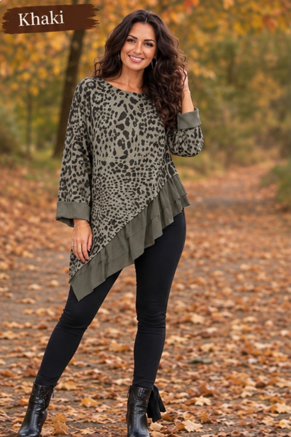 Made in Italy Khaki Leopard Print Asymmetric Frill Top | Ladies Clothing Southend-on-Sea | Evie Bleu Boutique