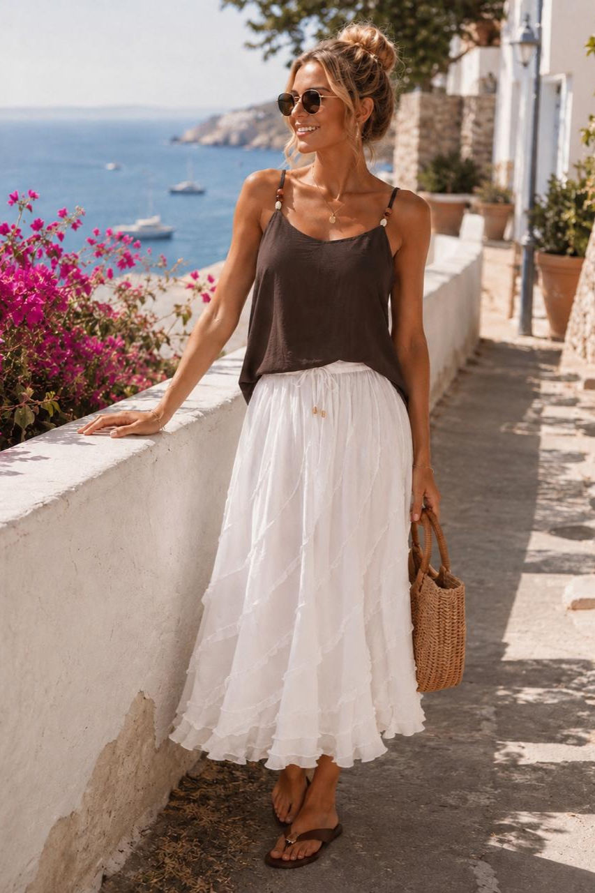 Model wearing an ivory lined cotton tiered maxi skirt with elastic waist and brown cami