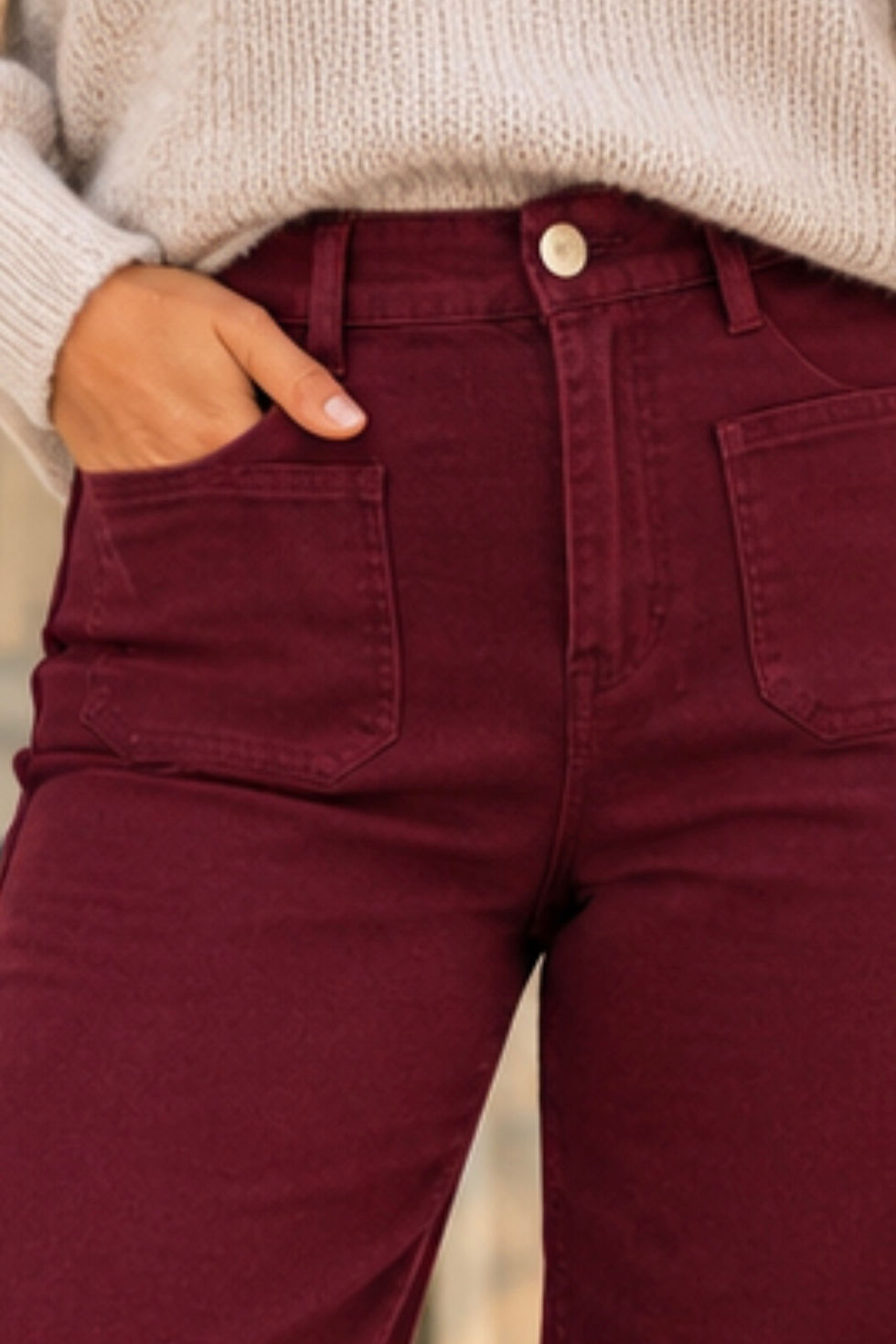 Close Up Of Berry High Rise Flared Jeans Front View