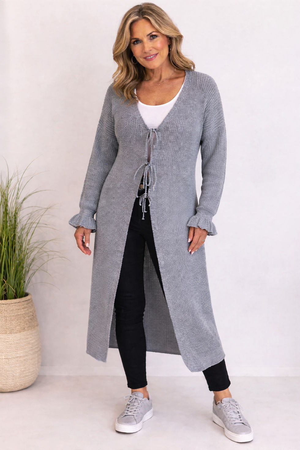 Grey Tie Front Long Cardigan – Frill Cuff Knit | Women’s Boutique