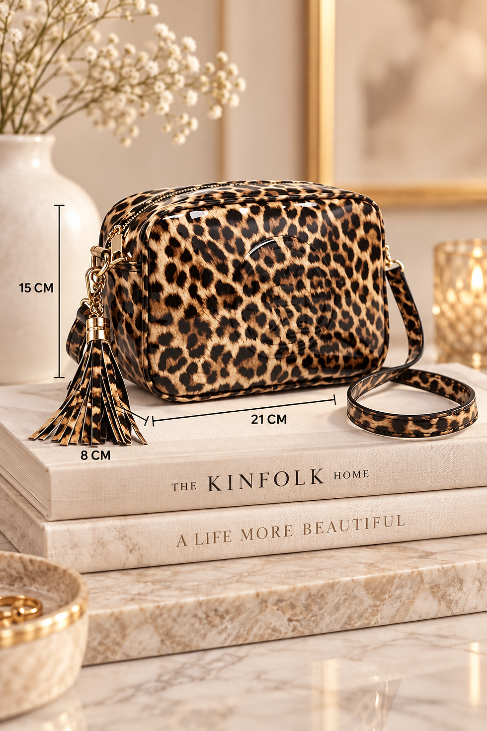 Beige Patent Leopard Print Camera Bag with Tassel – Evie Bleu Boutique Southend-on-Sea Essex