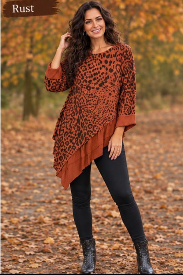 Made in Italy Rust Leopard Print Asymmetric Frill Top | Ladies Clothing Southend-on-Sea | Evie Bleu Boutique
