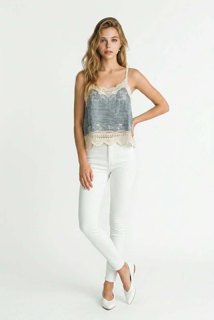 Blue lace trim cami top