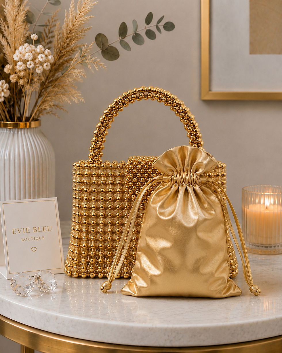 Thumbnail: Handmade Gold Beaded 2-in-1 Evening Bag with Satin Drawstring Pouch