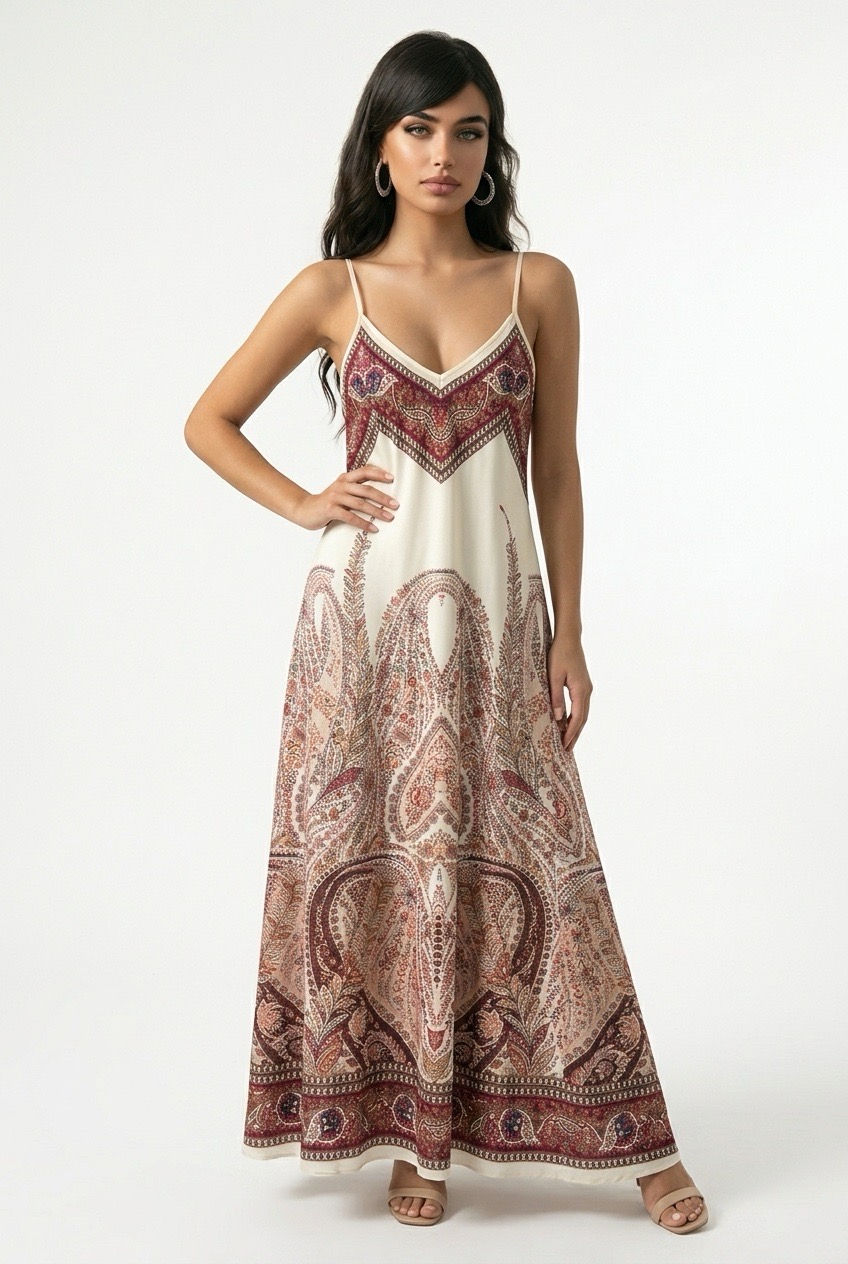 Cream Boho Print Maxi Dress – Strappy Summer Holiday Dress, One Size 8–16