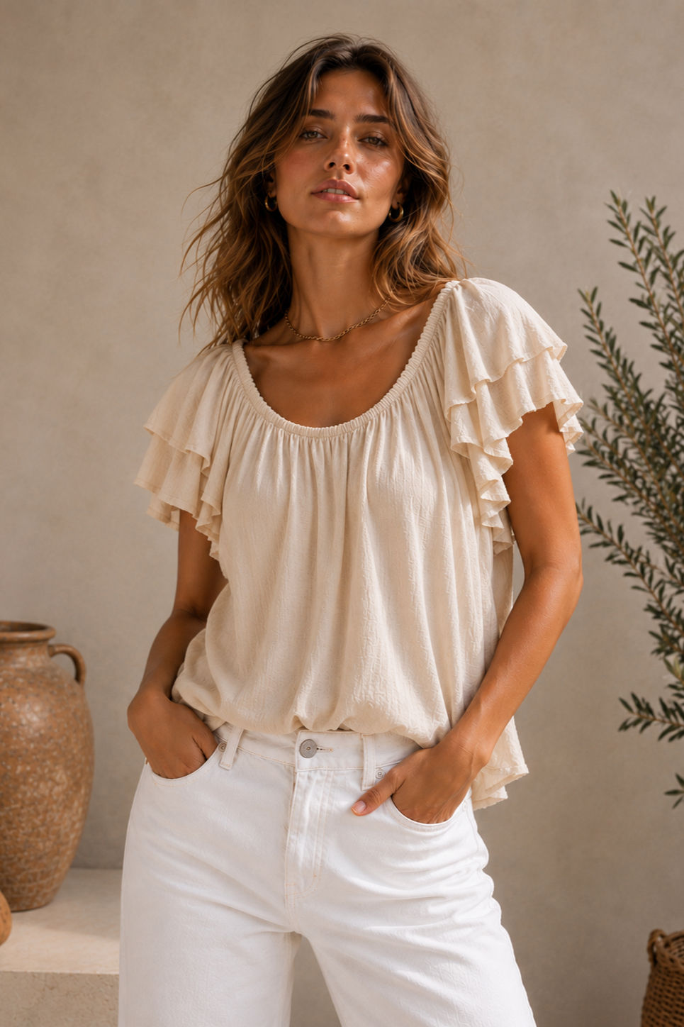 Thumbnail: Frill Sleeve Cross Back Top in Cream