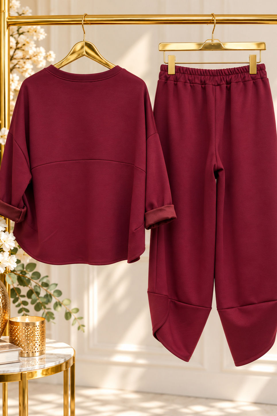 Thumbnail: Berry scuba stretch barrel leg trouser set with high-low top – Evie Bleu Boutique Southend-on-Sea