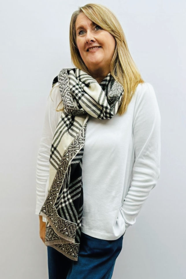 Woven Checked Fringe Scarf, black