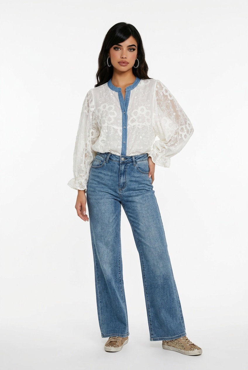 Italian Lace Blouse with Sequin Denim Trim – One Size 8-18