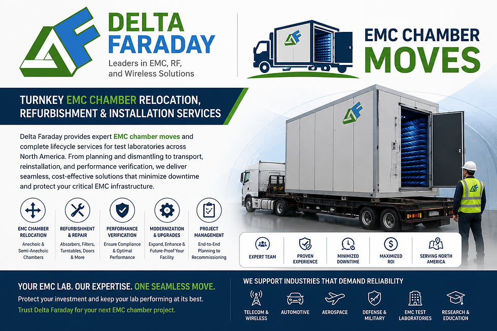 DeltaFaraday provides comprehensive EMC chamber relocation, chamber refurbishment, chamber modernization, chamber installation, and shielded room services for EMC test laboratories, automotive manufacturers, aerospace organizations, defense contractors, universities, certification facilities, and independent test houses throughout North America.