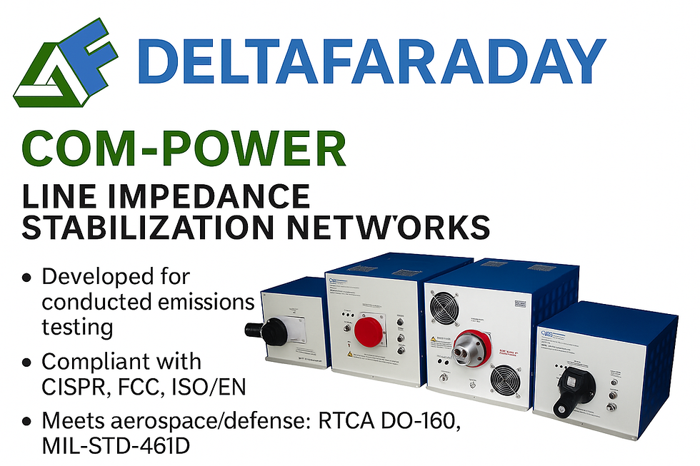 For engineers and compliance professionals focused on conducted emissions testing, the COM-Power LISN Family provides a trusted solution. Designed for use in accordance with CISPR, FCC, ISO, EN, RTCA DO-160, and MIL-STD 461 standards, COM-Power’s line of Line Impedance Stabilization Networks (LISNs) ensures accuracy, repeatability, and confidence in every compliance test.