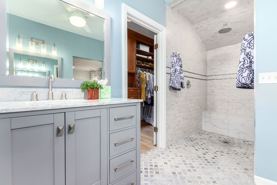 Master bathroom, walk in shower, gray vanity, Encanto, Phoenix