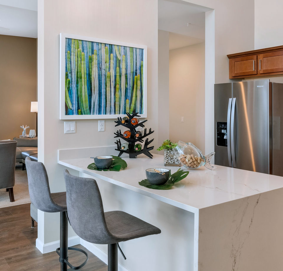 Modern breakfast bar, bright photography, grey barstools, Phoenix