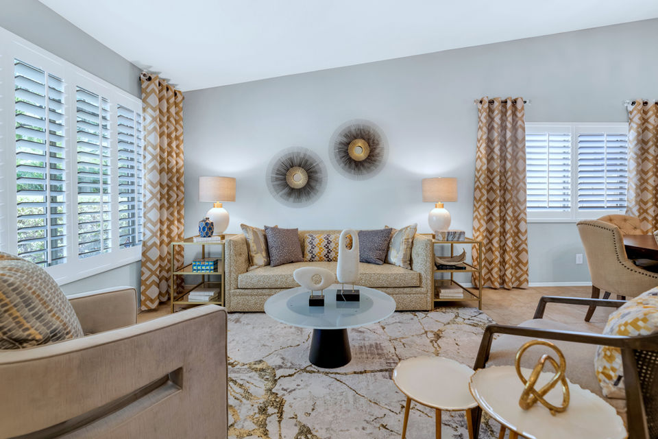 Modern glam living room, Phoenix, bold drapery panels