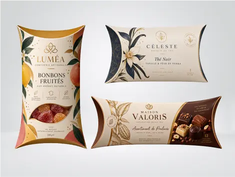 Boite oreiller ou berlingot personnalisé, idéal pour cadeaux de bonbon, chocolat et sachet de thé