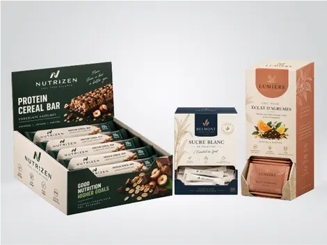 Boite distributrice personnalisée pour barre protéinée, sachet de thé et sucre