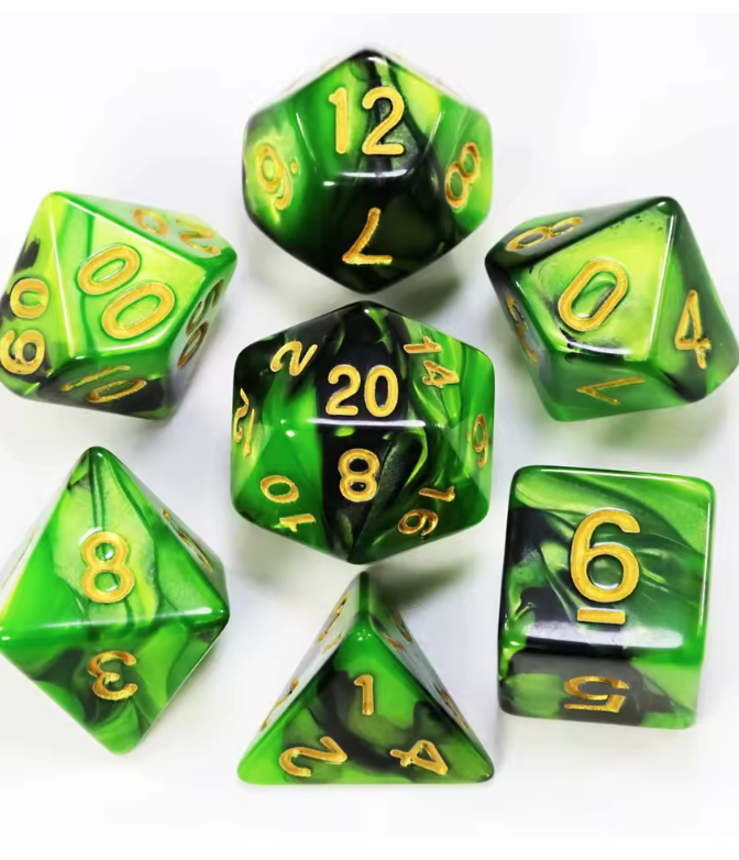 Dados poliédricos del juego espiritual Resonancia: Los 7 Portales