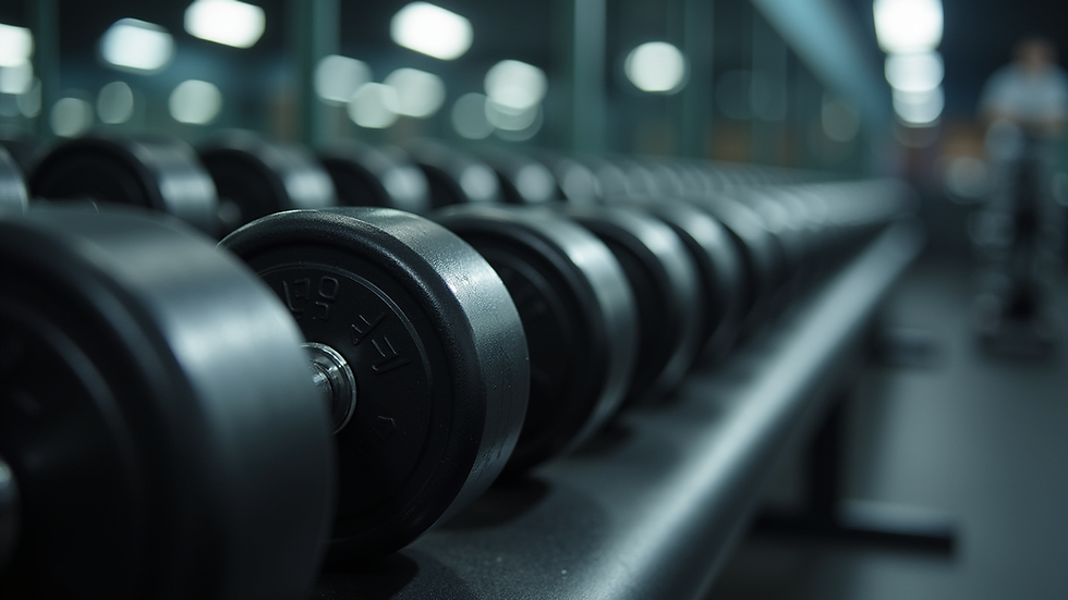 Close-up view of dumbbells arranged neatly on a rack in a gym