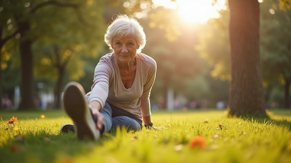 Eye-level view of a senior woman stretching outdoors in a park