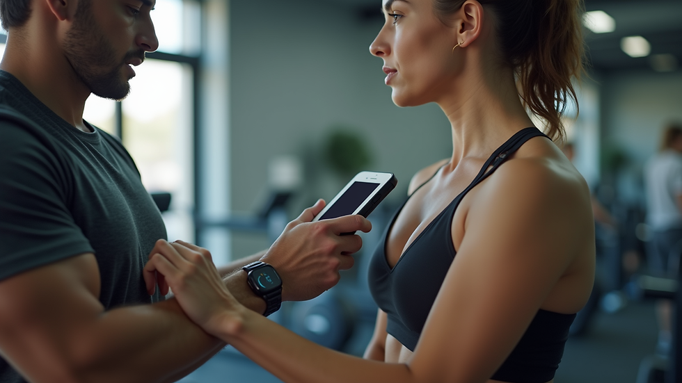 Eye-level view of a fitness trainer measuring a client’s heart rate with a monitor