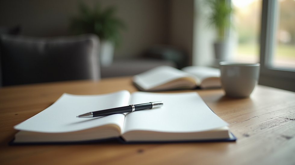 Close-up view of a journal and pen on a wooden table for mental health reflection
