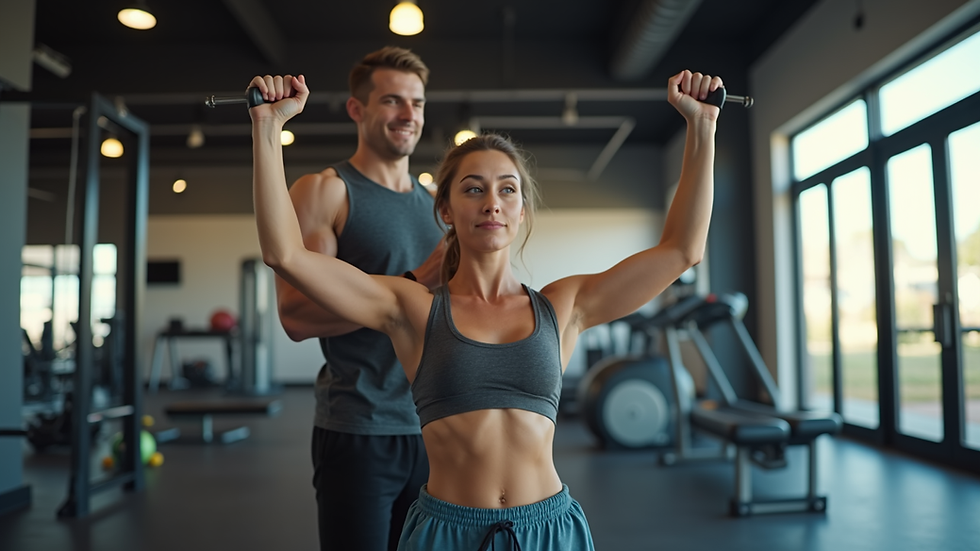 Eye-level view of a personal trainer guiding a client through weight loss exercises in a gym