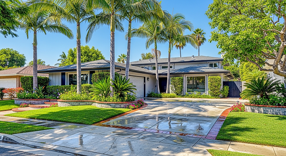 Modern suburban house with a manicured lawn, palm trees, and vibrant flowers under a clear blue sky. Wet driveway suggests recent rain.
