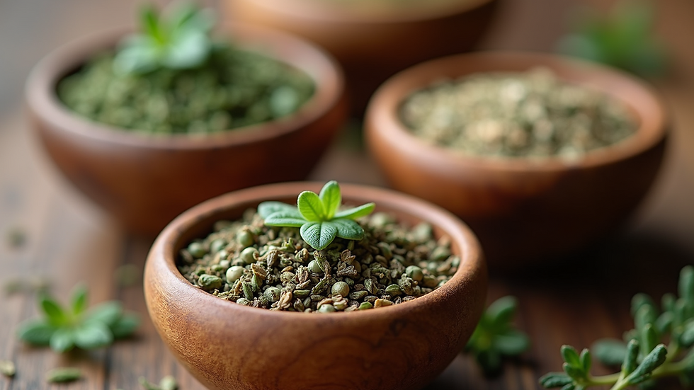 Close-up view of dried herbs in wooden bowls