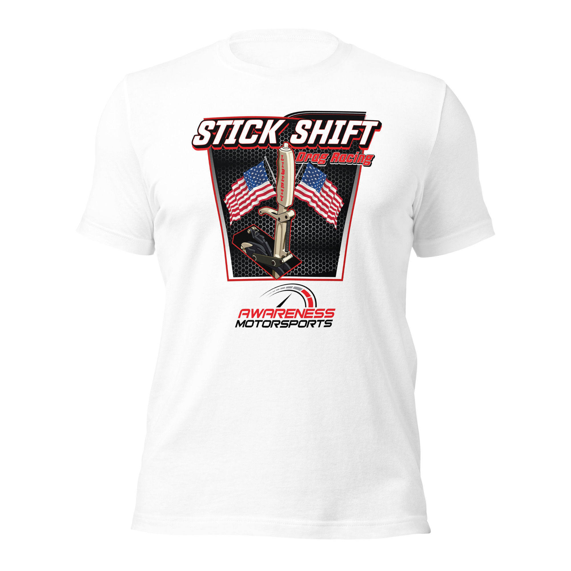 AMS Stick Shift Drag Racing Unisex T-Shirt - White & Light Gray