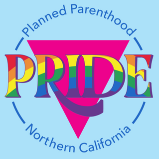 Rainbow "PRIDE" text over pink triangle. Blue text reads "Planned Parenthood Northern California" on a light blue background.